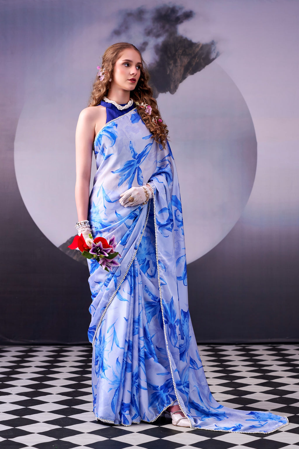 Satin Silk Saree with Floral Print & Pearl Lace Border