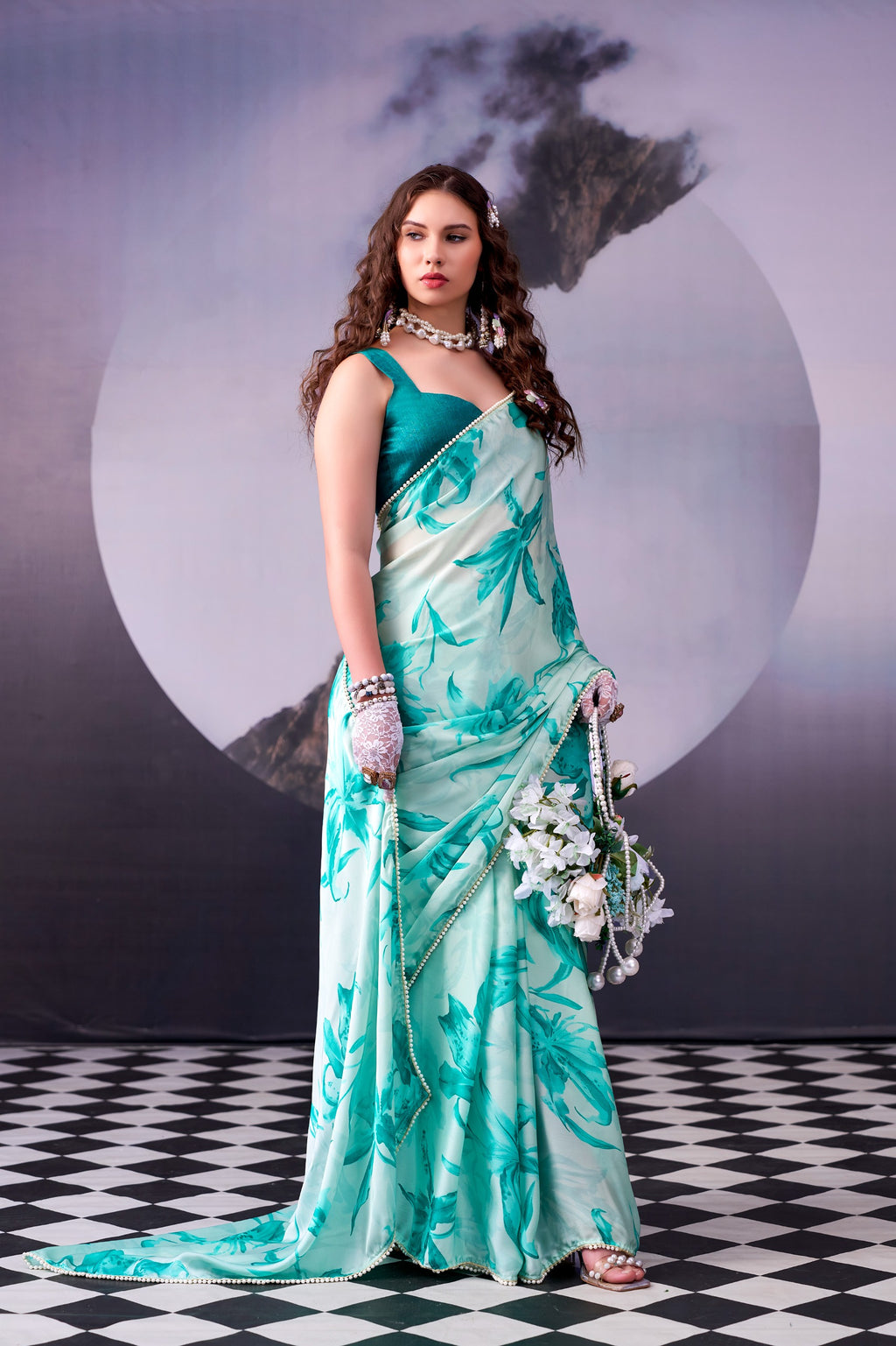 Satin Silk Saree with Floral Print & Pearl Lace Border