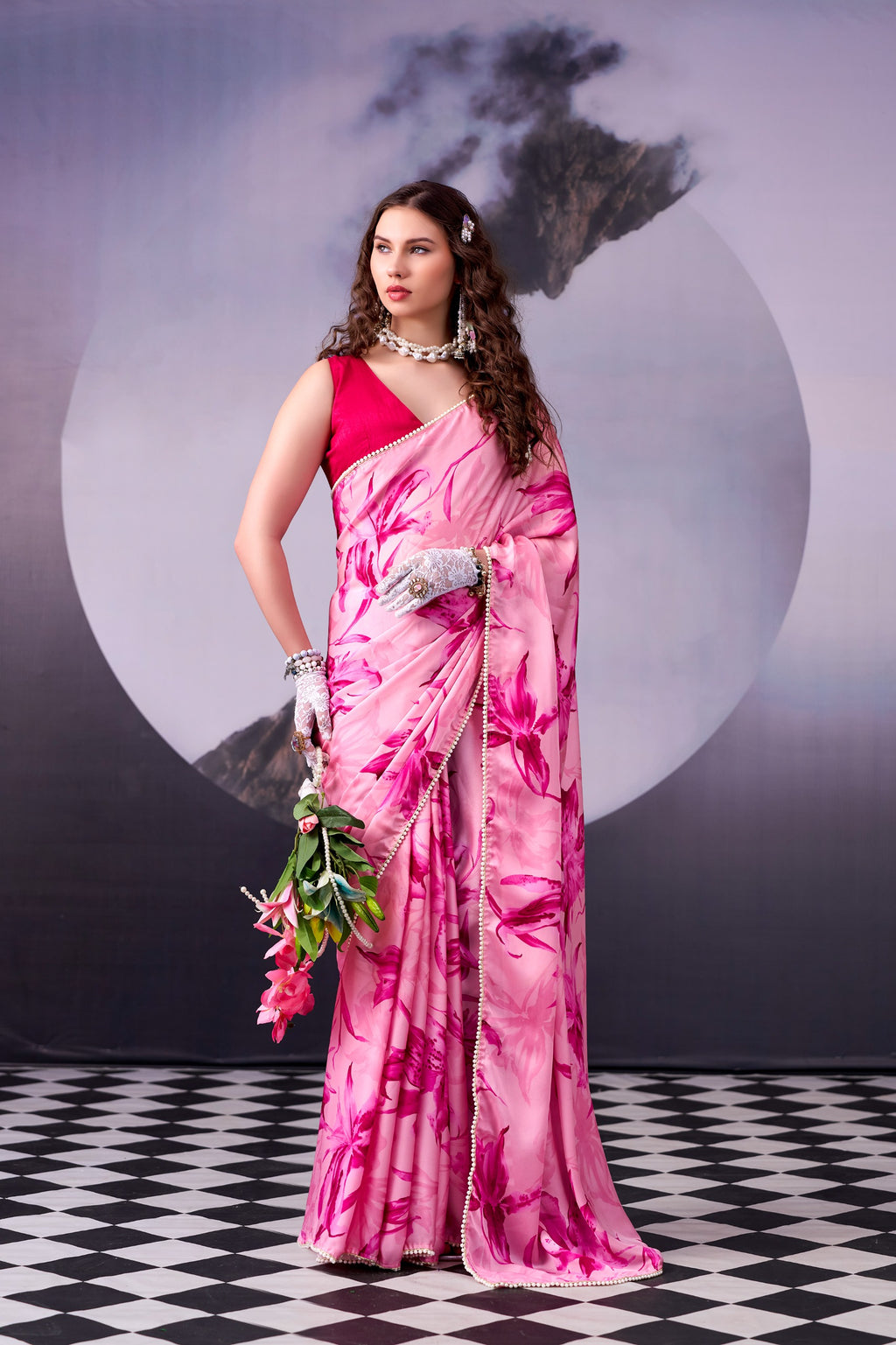 Satin Silk Saree with Floral Print & Pearl Lace Border