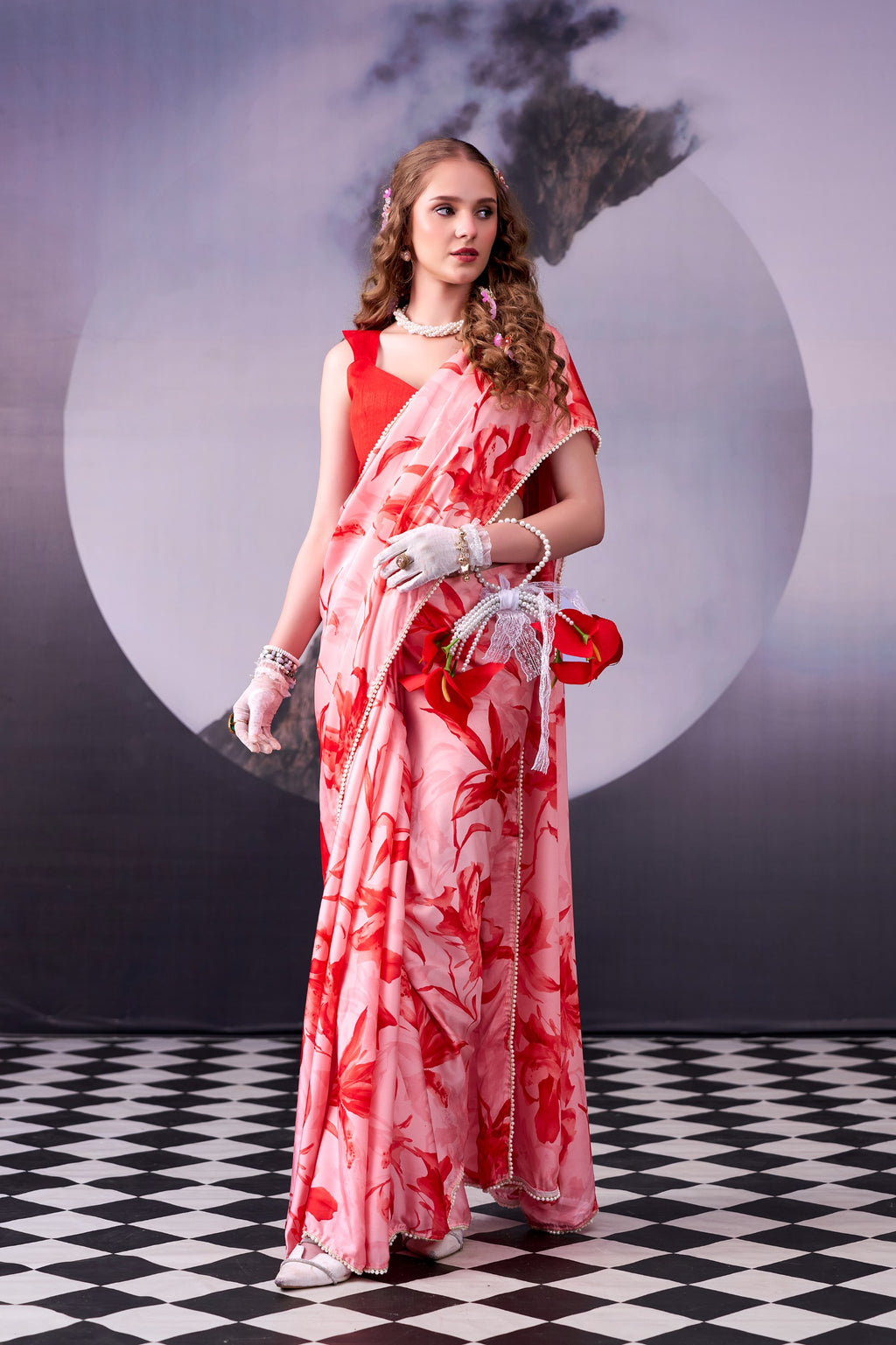 Satin Silk Saree with Floral Print & Pearl Lace Border