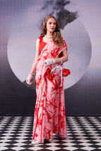 Satin Silk Saree with Floral Print & Pearl Lace Border
