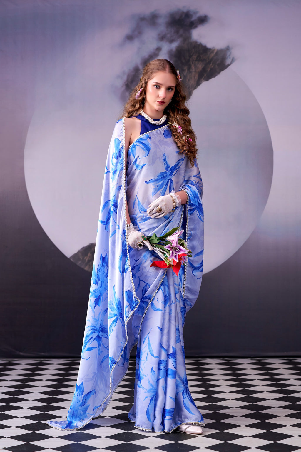 Satin Silk Saree with Floral Print & Pearl Lace Border