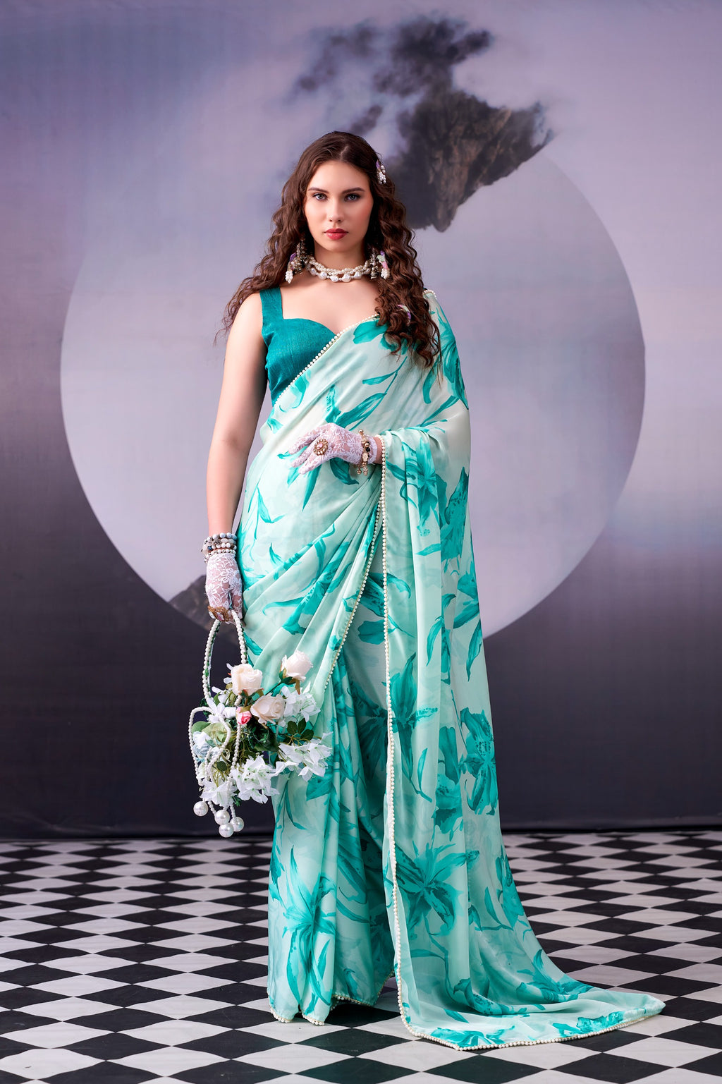 Satin Silk Saree with Floral Print & Pearl Lace Border