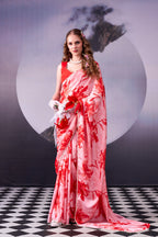 Satin Silk Saree with Floral Print & Pearl Lace Border