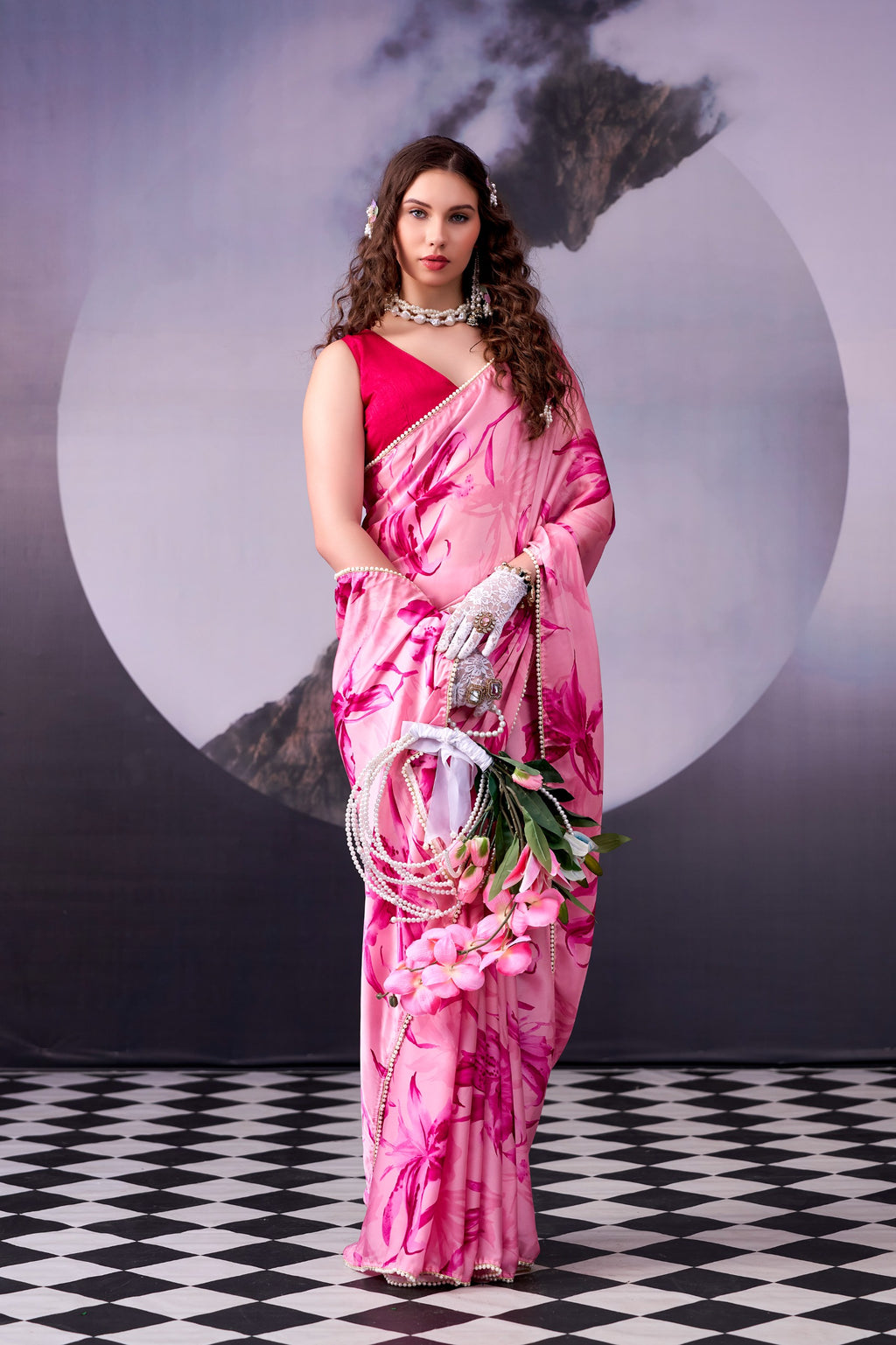 Satin Silk Saree with Floral Print & Pearl Lace Border