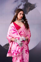 Satin Silk Saree with Floral Print & Pearl Lace Border