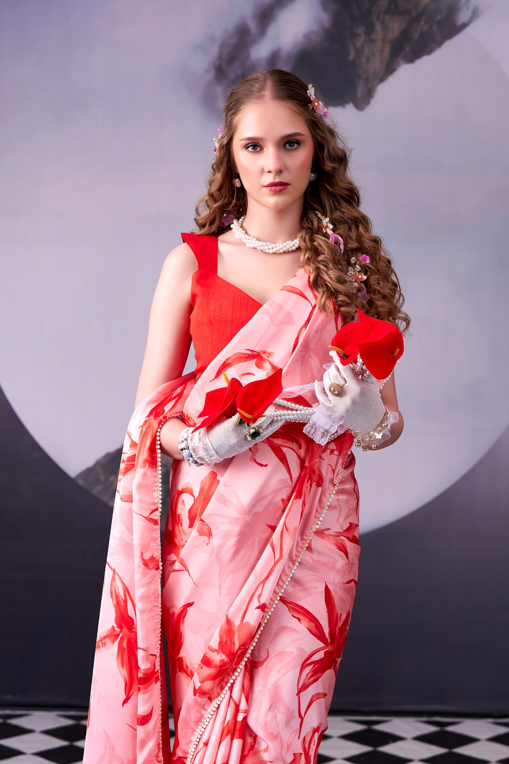 Satin Silk Saree with Floral Print & Pearl Lace Border
