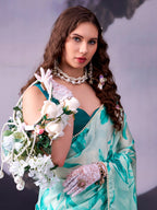 Satin Silk Saree with Floral Print & Pearl Lace Border