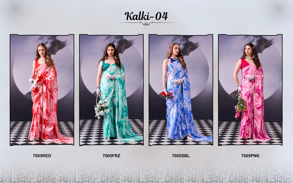 Satin Silk Saree with Floral Print & Pearl Lace Border